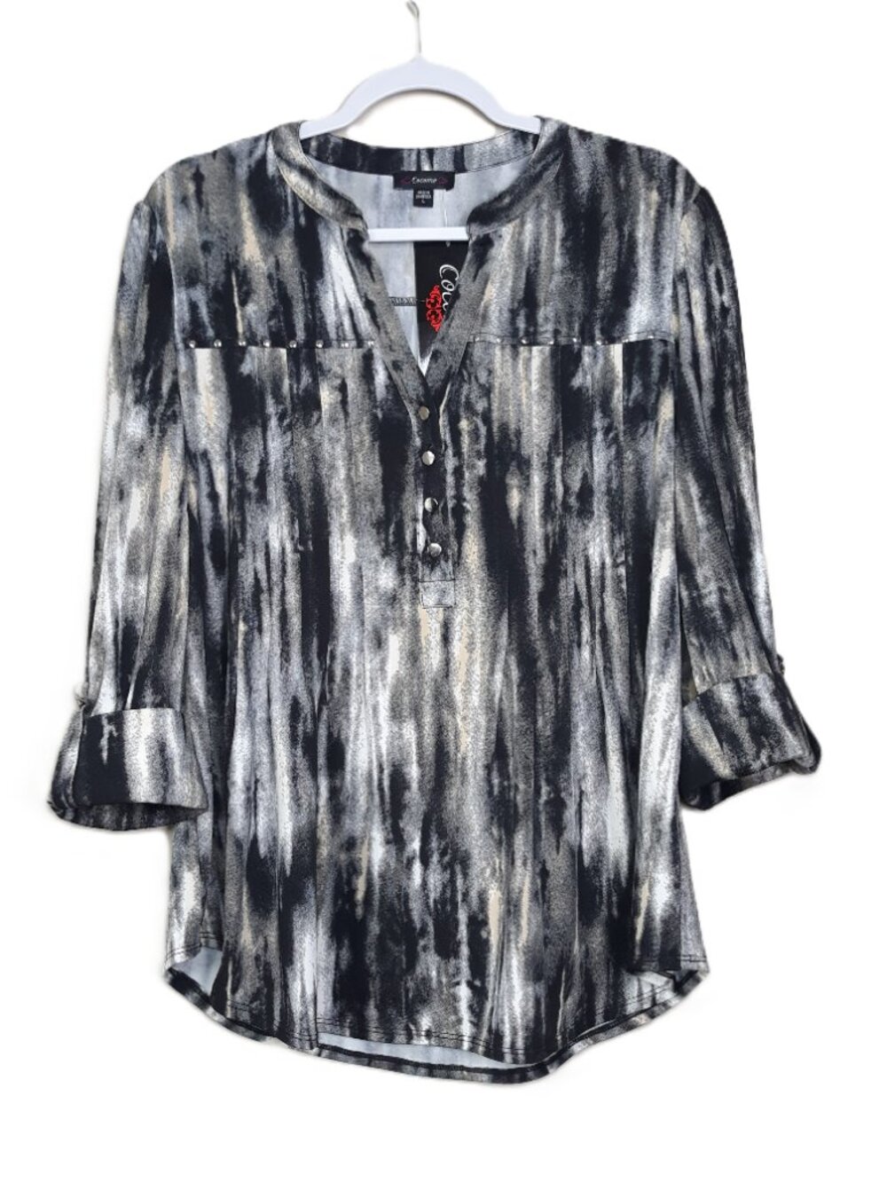 NEW Cocomo Black Blouse Large Stud Accents Abstract Print